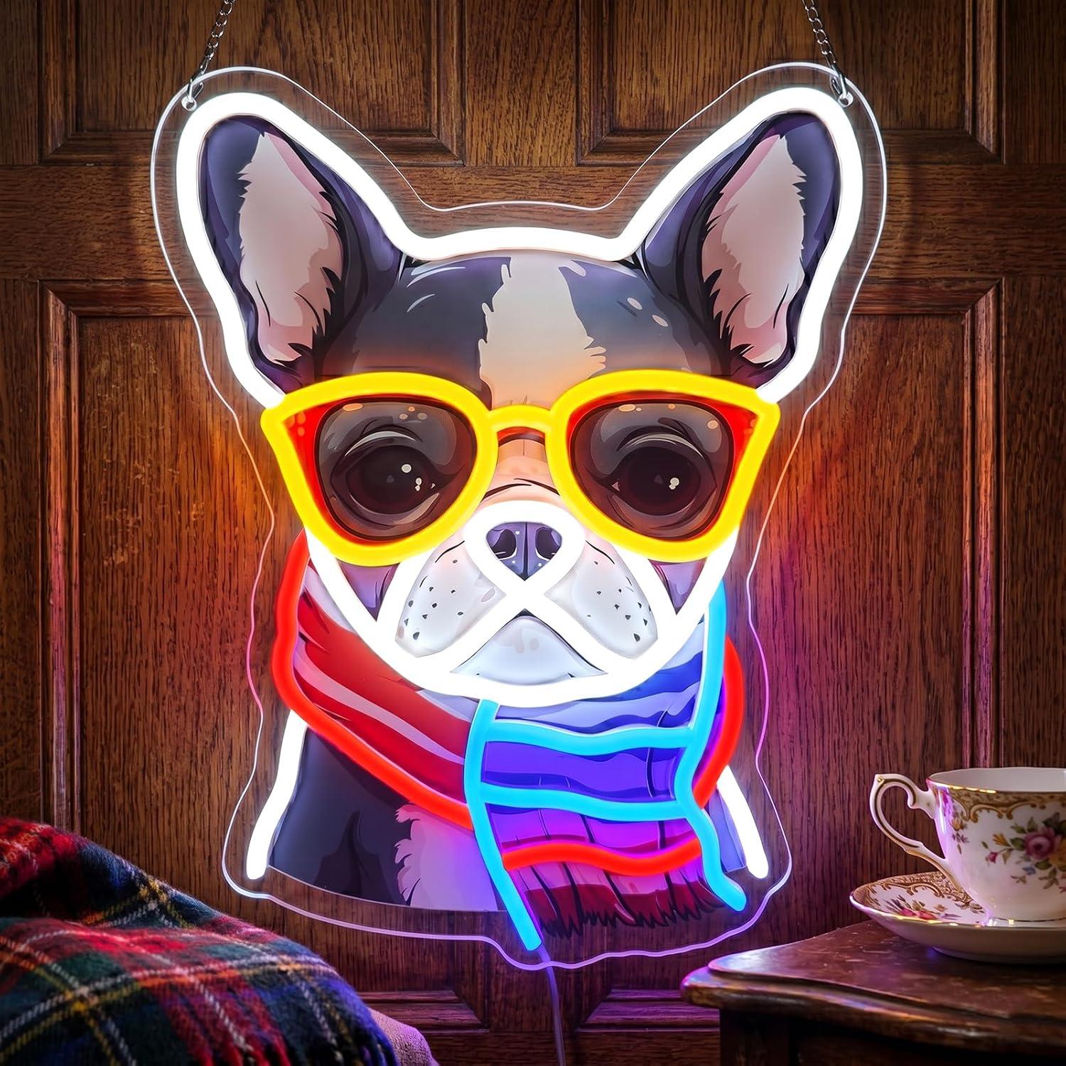 Men'S Grooming Dc - Neonowy znak z buldogiem francuskim, ściemnialne